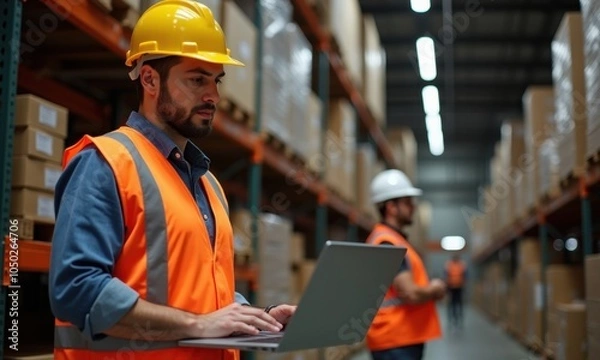 Fototapeta Employee conducts product checks in the warehouse using a laptop.