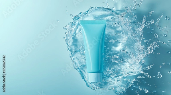 Fototapeta A top view of a tube of moisturizing cream submerged in water, set against a light blue background. The clear water enhances the cream's texture, creating a fresh and inviting look,