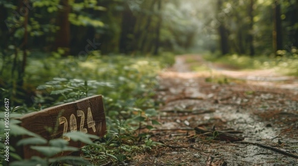 Fototapeta A close-up of a forest road with '2024' carved into a wooden sign, wooded setting with lush greenery, Rustic style