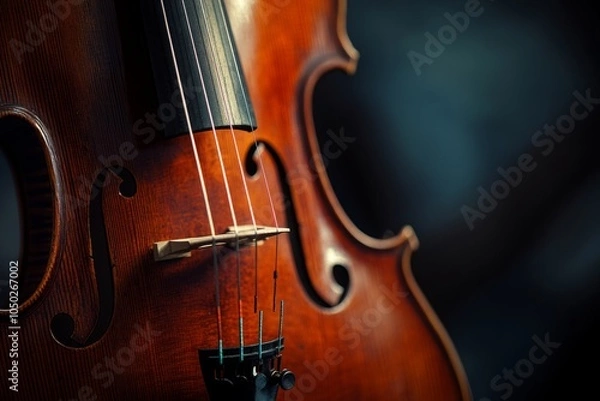 Obraz A beautifully detailed close-up of a violin showcasing its rich wood grain and elegant contours. This image captures the essence of musical craftsmanship. Generative AI