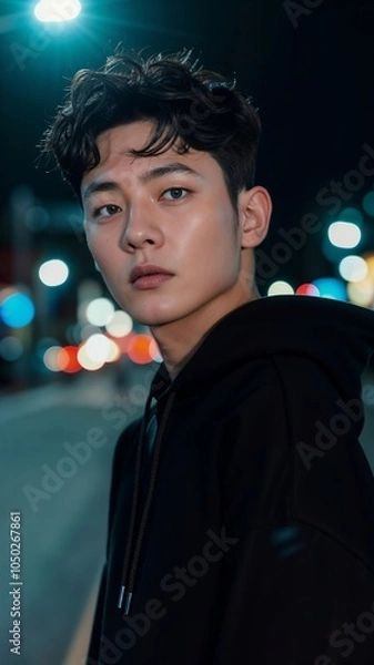 Fototapeta Young asian boy is wearing a black hoodie, standing on a city street at night with colorful lights in the background.