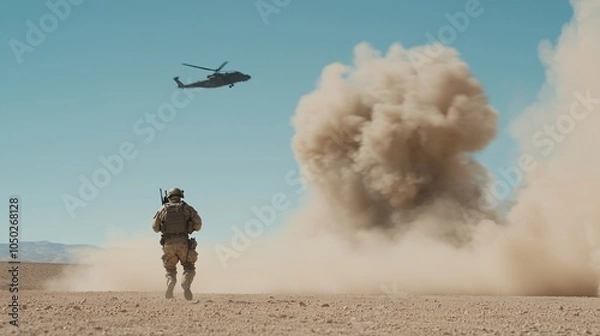 Fototapeta Intense War Scene with Explosive Action - Ground Forces and Aerial Support in 8K Cinematic Resolution