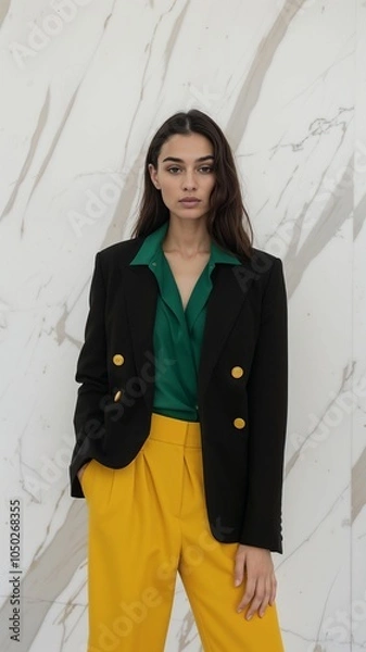 Fototapeta Young girl is wearing a black blazer over a bright green shirt, paired with yellow high-waisted pants, standing against a marble-patterned background.