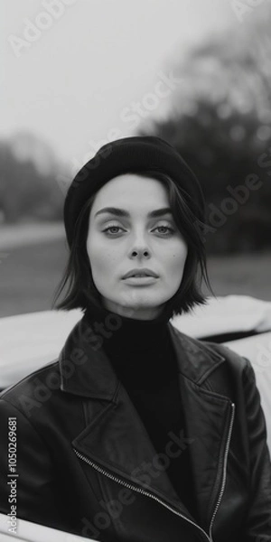 Fototapeta Close up Photo of a girl  wearing a black leather jacket and a black turtleneck, standing outdoors with a blurred, natural background.