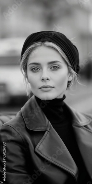 Fototapeta Close up Photo of a girl  wearing a black leather jacket and a black turtleneck, standing outdoors with a blurred, natural background.