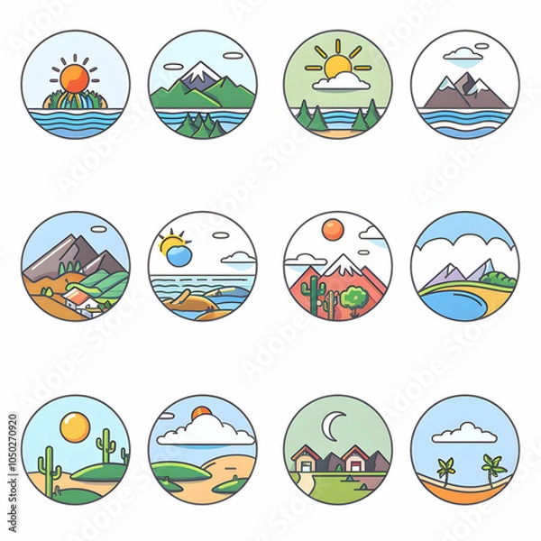 Fototapeta A set of twelve circular icons featuring different nature scenes, including mountains, water, sun, clouds, and trees.