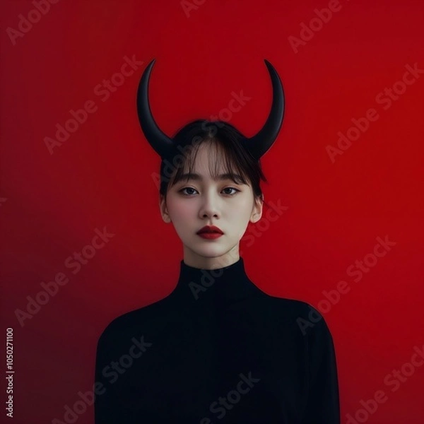 Fototapeta A girl is wearing a black turtleneck and black horns, standing against a vibrant red background.