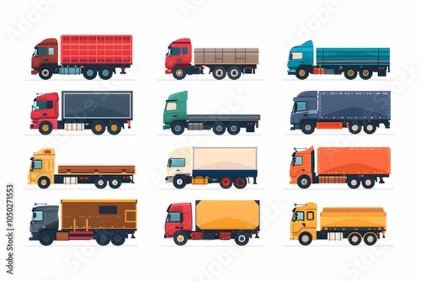 Fototapeta A collection of twelve different types of semi trucks, all shown in side profile. Each truck is illustrated with a unique cargo bed or trailer, in various colors and styles.