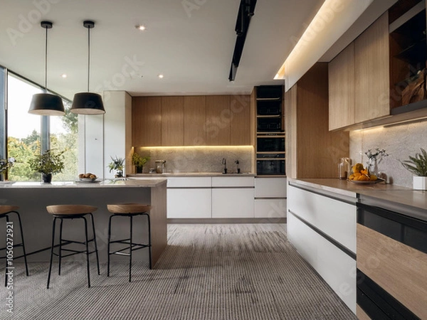 Obraz Espacio de cocina contemporáneo con líneas limpias, colores neutros y diseño minimalista. Funcional y elegante para un hogar moderno.