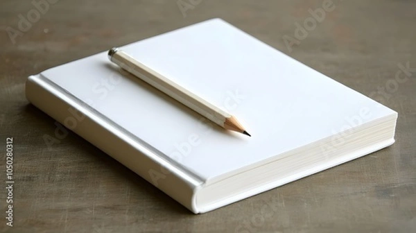 Fototapeta A close-up, side-angle shot of a simple white notebook and one pencil, aligned perfectly on a clean table, minimal style, plain background, 4K resolution