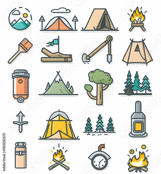 Fototapeta Set of 20 line icons for camping, hiking and outdoor activities.