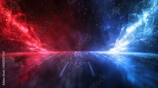 Fototapeta The intense rivalry between the blue and red teams is highlighted by smoke and spotlight.