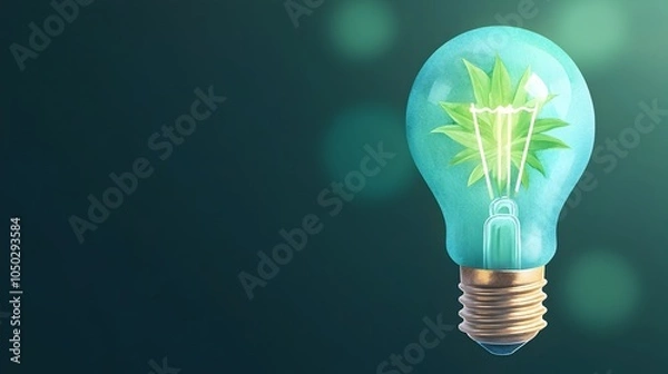 Fototapeta Vibrant watercolor lightbulb glowing in serene blue and green hues representing innovative and sustainable business strategies  The image features a soft bokeh effect and energy symbols