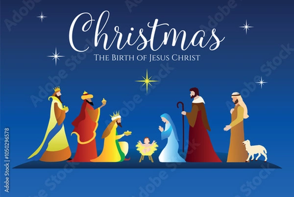 Fototapeta CChristmas Nativity scene background. The Adoration of Magi. Vector illustration.