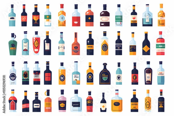 Fototapeta Collection of 48 colorful flat style alcohol bottles with various labels isolated on white background.
