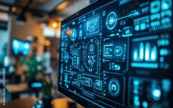 Obraz Dive into the future of home automation!  A futuristic smart home interface displays real-time data and controls.