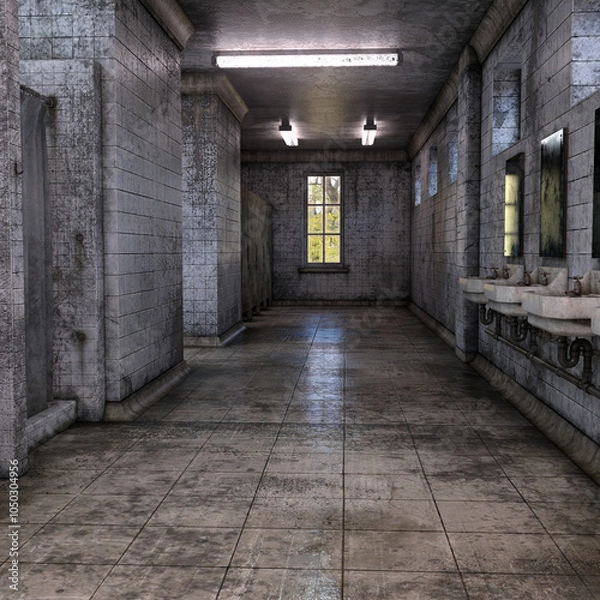 Fototapeta 3d render of a neglected public bathroom. No AI used