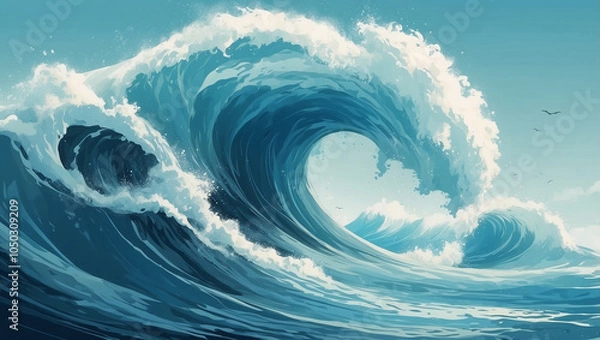 Fototapeta A large, powerful wave crashes against the ocean, creating a stunning display of nature's power.