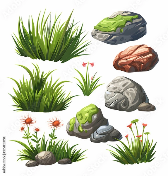 Obraz A collection of cartoon-style grass, flowers, and rocks.