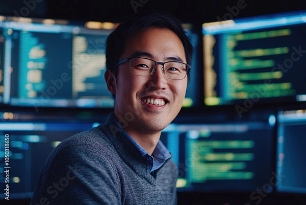 Obraz A Chinese man software engineer. The engineer is in a room full of screens. There is software code on the screens. The engineer smiles. The engineer is clear, the computer is blurred