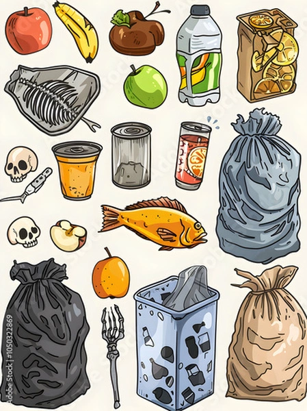 Fototapeta A colorful set of hand drawn trash and garbage items in cartoon style.