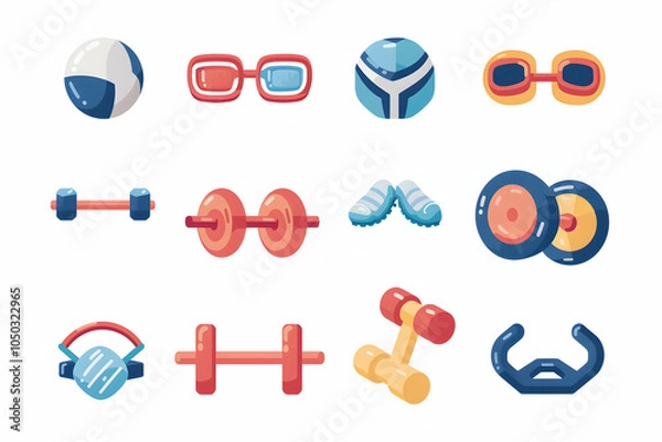Obraz A set of 12 colorful and cartoon-style icons representing various sports and fitness equipment, including a soccer ball, swimming goggles, dumbbells, and a barbell.