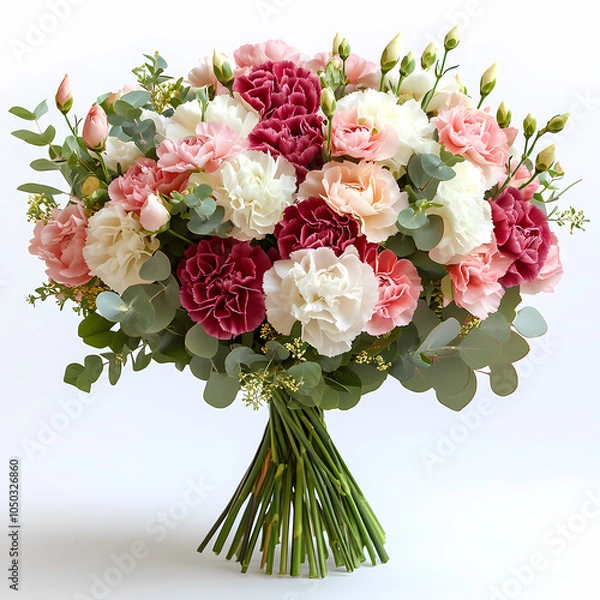 Fototapeta A vibrant bouquet of carnations in shades of pink, red, and white, with ruffled, textured petals and sturdy green stems
