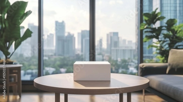 Fototapeta A minimalist box is showcased on a small table, framed by a sleek apartment's city skyline