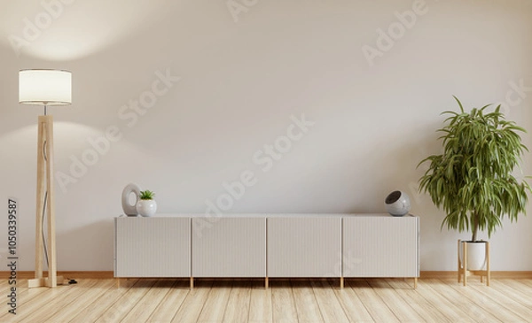 Obraz Mockup white wall background,Modern living room decor with a tv cabinet- 3D rendering