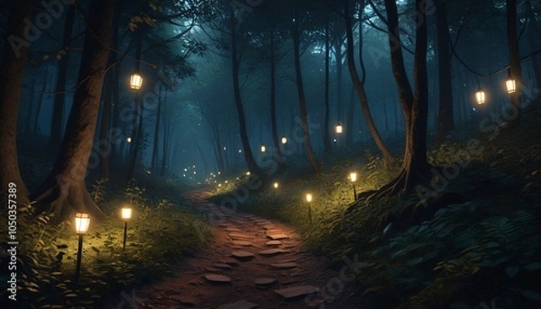 Fototapeta A shadowy pathway winds through a dark forest, illuminated by the soft glow of enchanted lanterns, inviting wanderers to explore its magical secrets, Generative AI