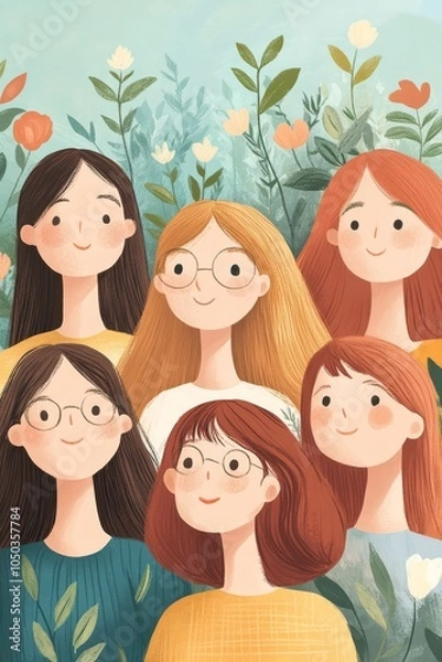 Fototapeta A colorful illustration depicts six smiling young women surrounded by flowers, showcasing diversity and friendship in a cheerful setting.
