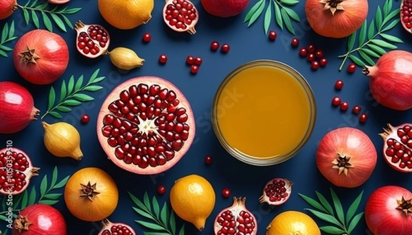 Fototapeta A colorful Rosh Hashanah background featuring pomegranates and honey, symbolizing the hope for a sweet and fruitful year ahead in Jewish tradition, Generative AI