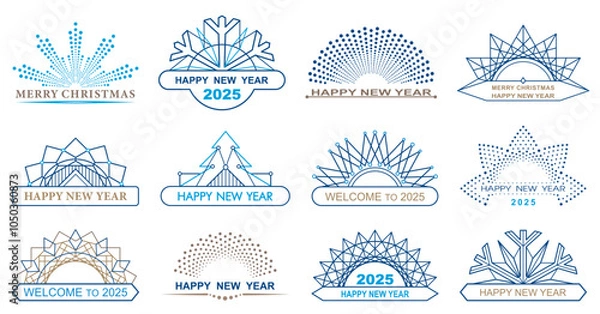 Fototapeta Border made of lines and circles. Geometric New Year pattern. Set of semicircular Christmas ornaments. Semicircle shapes. Designer frames for invitations and holiday cards.