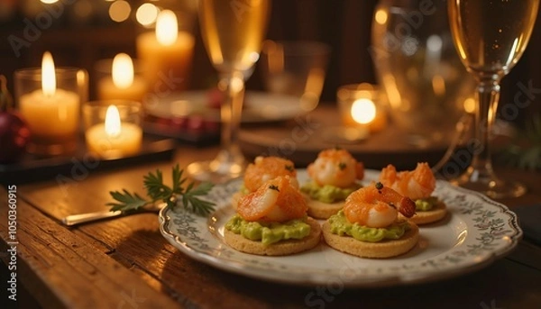 Fototapeta Delicate Shrimp and Avocado Canapes in Intimate Candlelit Atmosphere