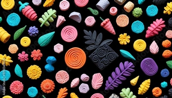 Fototapeta A creative layout of colorful polymer clay home decor items on a black backdrop, highlighting the artistic potential of clay crafting, Generative AI