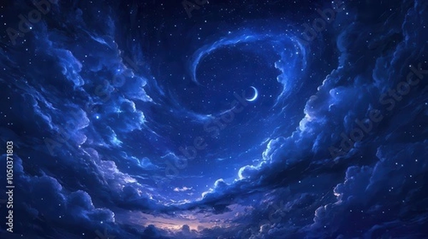 Fototapeta dramatic night sky filled with swirling clouds and a multitude of stars, with a hint of the moon peeking through, creating a celestial wonder