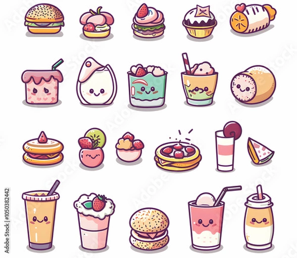 Fototapeta A collection of 20 cute cartoon food icons, featuring hamburgers, cakes, ice cream, smoothies, fruits and more.