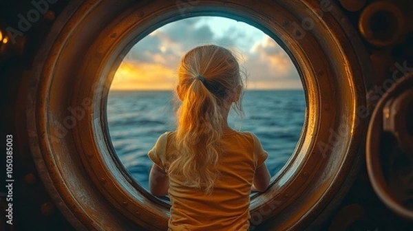 Fototapeta Siblings looking at the sea while standing through the porthole on a cruise ship