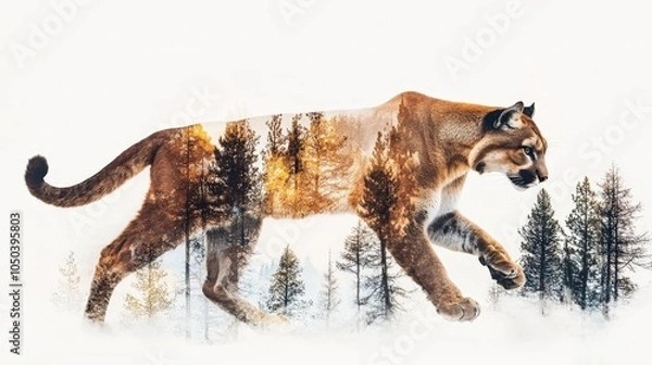 Fototapeta A bold mountain lion prowling through the forest, isolated on a white background