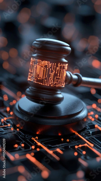 Obraz futuristic gavel made of glowing digital lines symbolizes justice in tech driven world. intricate design reflects intersection of law and technology, evoking sense of innovation and progress