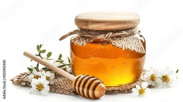 Fototapeta A jar of Manuka honey with a wooden honey dipper, isolated on a white background