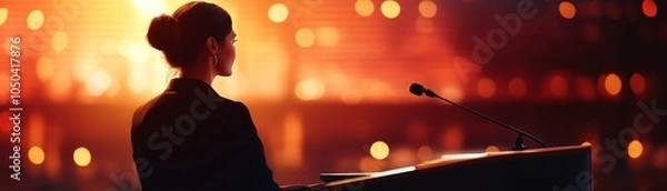 Fototapeta Silhouette of a speaker in front of a podium with warm background lights.