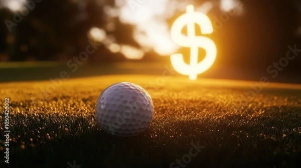Fototapeta Golf course at sunrise featuring a golf ball on grassy turf, with a glowing dollar sign softly blurred in the background, representing sports investments and sponsorships