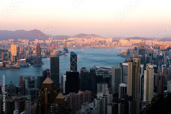 Obraz Aerial View of Victoria Harbour In Hong Kong at sunset time