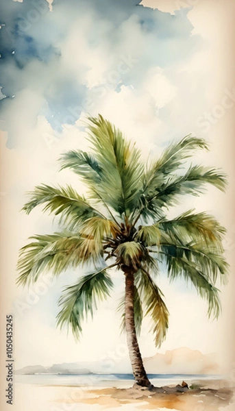 Fototapeta Watercolor painting of a palm tree with lush green fronds against a soft, textured background.