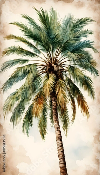 Fototapeta Watercolor painting of a palm tree with lush green fronds against a soft, textured background.