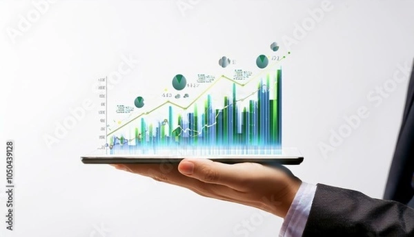 Obraz Hand holding tablet with digital financial data and bar graph on white background.