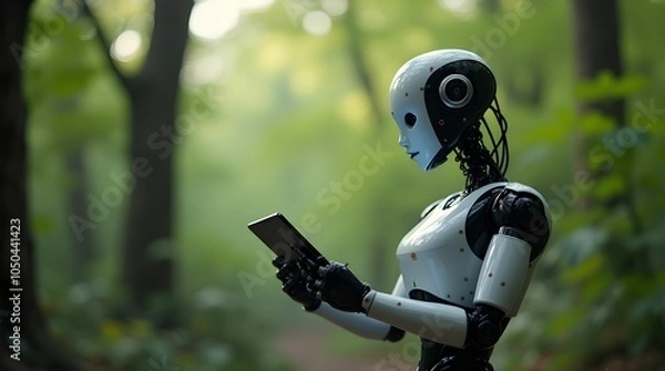 Fototapeta Exploring nature through technology, a robot interacts with a tablet surrounded by lush green forests.