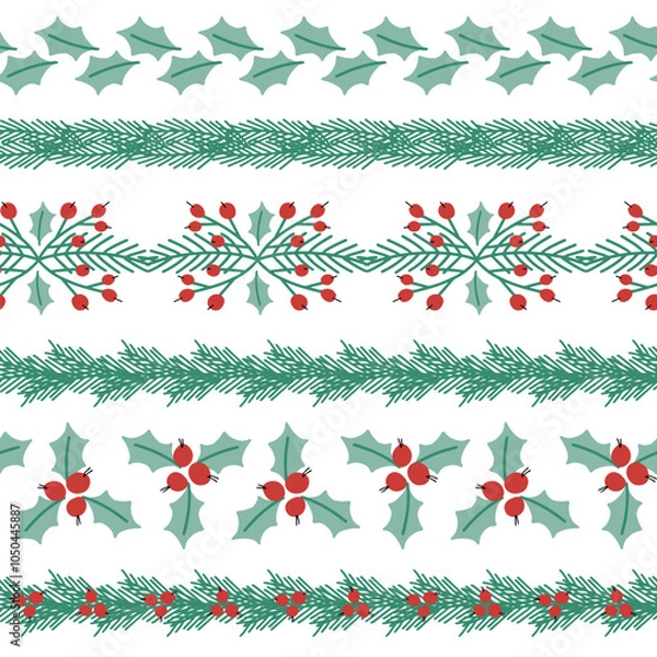 Obraz Christmas hand-drawn simple seamless borders with leaves and berries. Simple vector set.