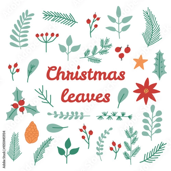 Obraz Christmas hand-drawn simple leaves vector set
